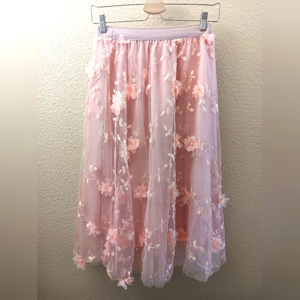 Pink Tulle Floral Midi Skirt